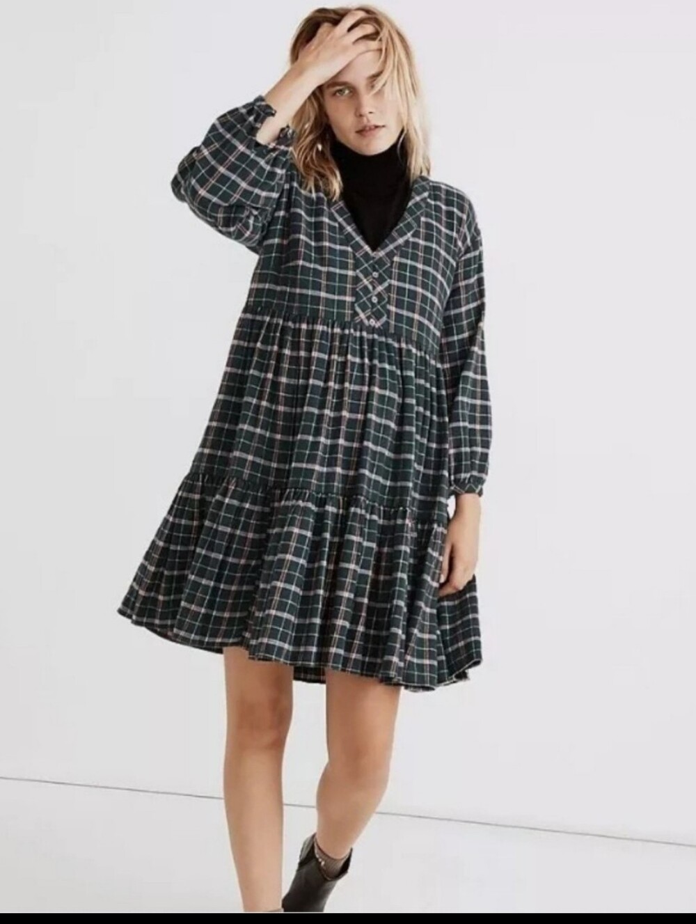 Madewell Dress Green Plaid Tiered Babydoll Long Sleeve Cotton Mini 10